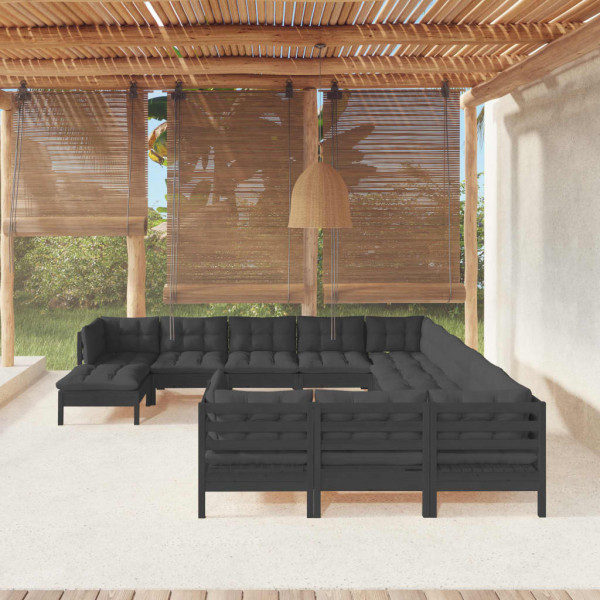 Móveis de jardim 12 peças com almofadas em madeira de pinho preto D