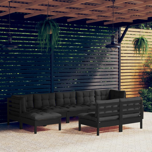 Mobiliário de jardim 9 pessoas com almofadas preto madeira de pinho D