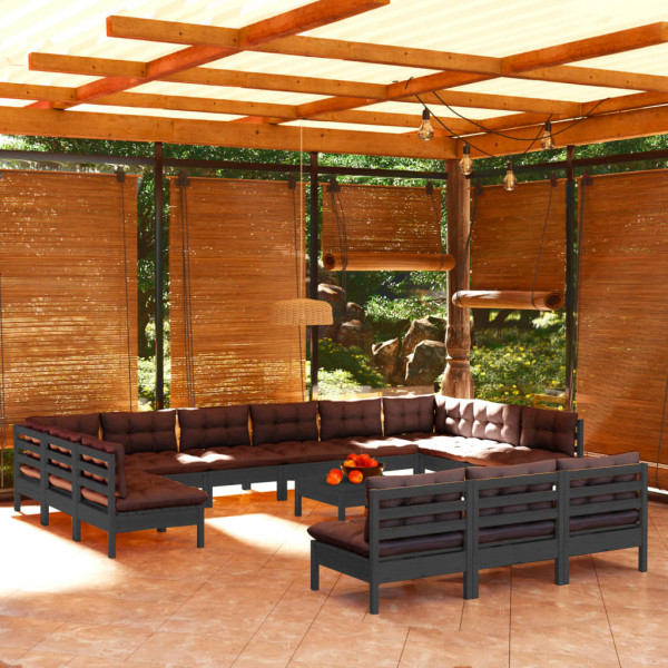Mobiliário de jardim 14 camas e almofadas negras madeira maciça de pinho D