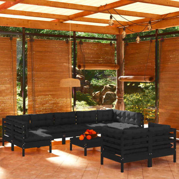 Muebles de jardín 10 pzas con cojines negro madera maciza pino D