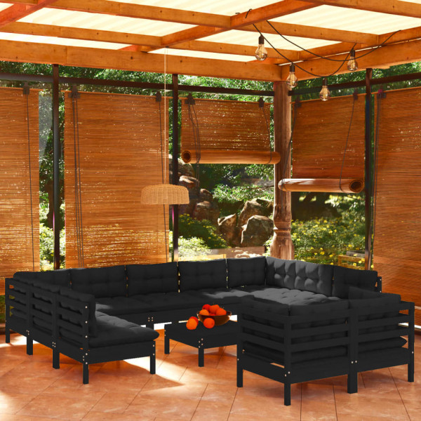 Móveis de jardim 12 peças com almofadas pretas em madeira maciça de pinho D