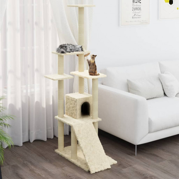 Rascador para gatos con postes de sisal color crema 155 cm D
