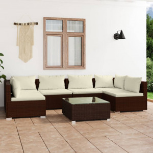 Set muebles de jardín 7 piezas y cojines ratán sintético marrón D