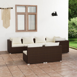 Set muebles de jardín 7 piezas y cojines ratán sintético marrón D