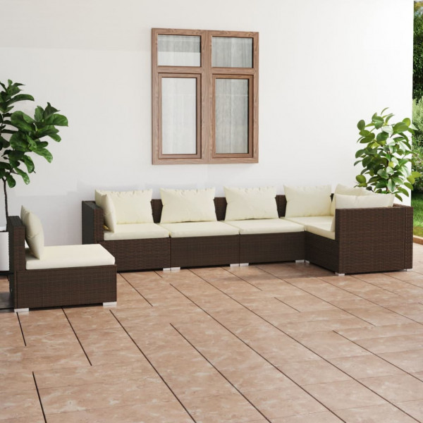 Conjunto de móveis de jardim de 6 peças e almofadas de vime sintético marrom D