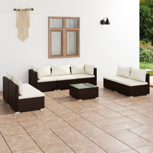 Set mobiliário de jardim 8 peças e almofadas ratão sintético marrom D