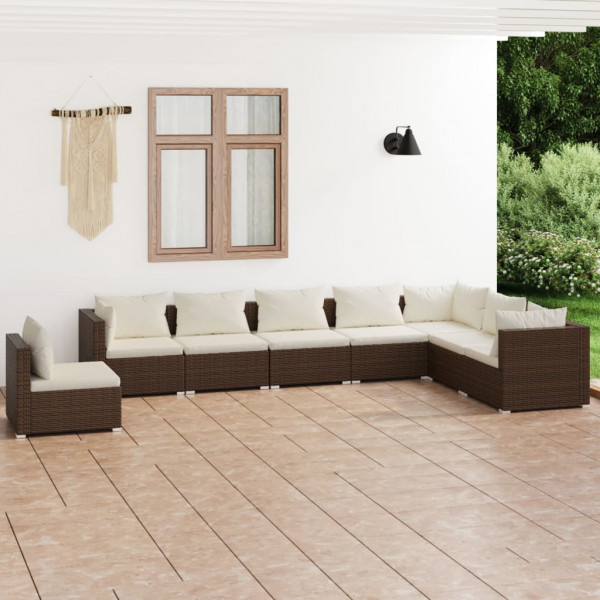 Set mobiliário de jardim 8 peças e almofadas ratão sintético marrom D
