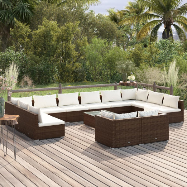 Set de mobiliário de jardim 13 peças e almofadas ratão sintético marrom D