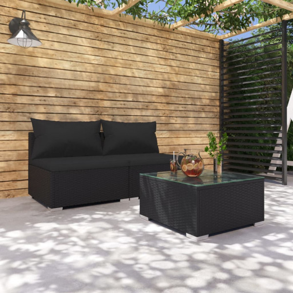 Conjunto de móveis de jardim de 3 peças e almofadas de vime sintético preto D