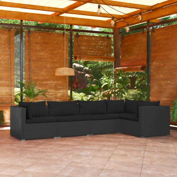 Conjunto de móveis de jardim de 5 peças e almofadas de vime sintético preto D