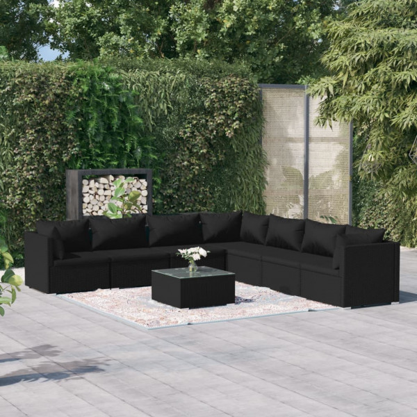 Set de muebles de jardín 8 pzas y cojines ratán sintético negro Set de muebles de jardín 8 pzas y cojines ratán sintético negro D