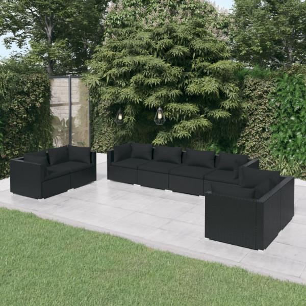 Conjunto de mobiliário de jardim 8 peças e almofadas ratão sintético preto D