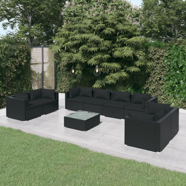 Conjunto de mobiliário de jardim 9 peças e almofadas ratão sintético preto D