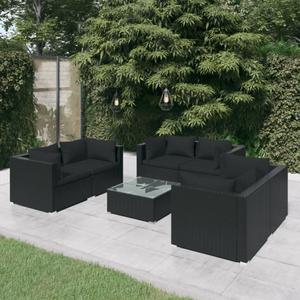 Conjunto de mobília de jardim de 7 peças e almofadas ratão sintético preto D
