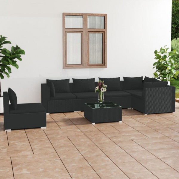 Conjunto de mobília de jardim de 7 peças e almofadas ratão sintético preto D