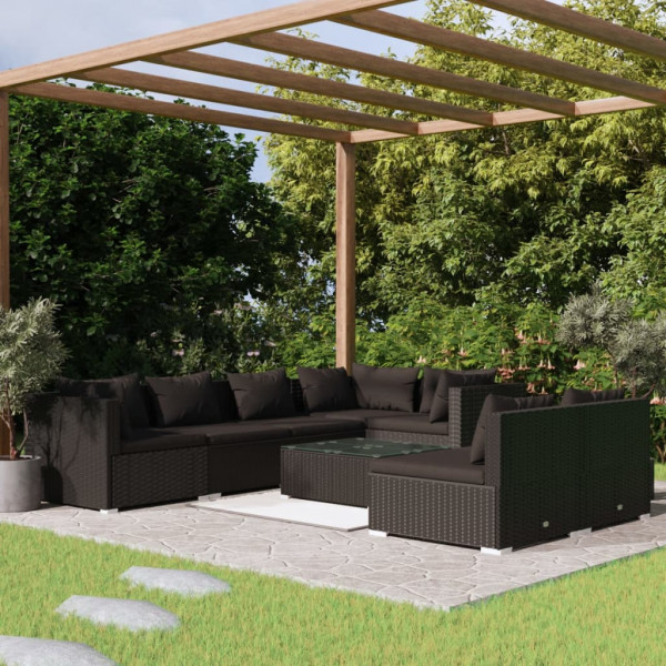 Set de muebles de jardín 8 pzas y cojines ratán sintético negro Set de muebles de jardín 8 pzas y cojines ratán sintético negro D