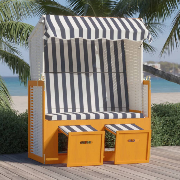 Cadeira de praia Strandkorb dossel madeira sintética rattan branco azul D