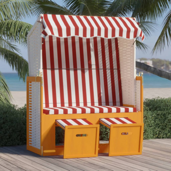 Cadeira de praia Strandkorb dossel madeira de vime sintético vermelho branco D
