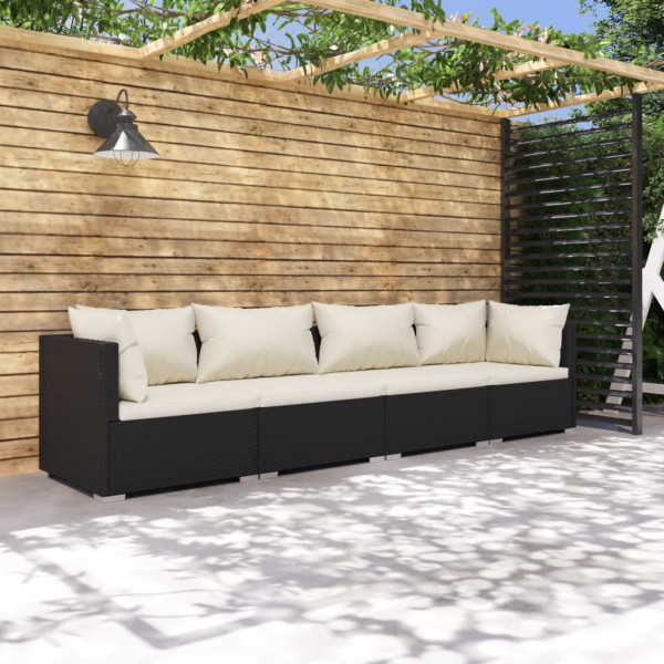 Conjunto de móveis de jardim de 4 peças e almofadas de vime sintético preto D