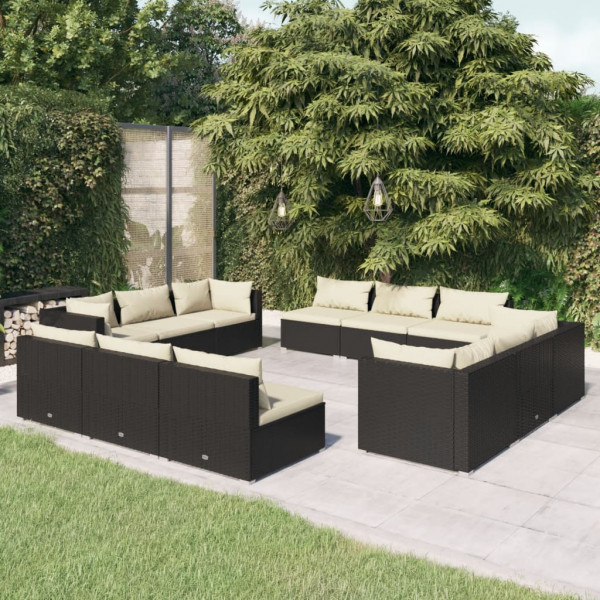 Conjunto de sofá de jardim 12 peças com almofadas de vime sintético preto D