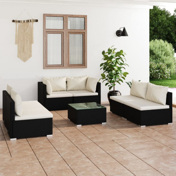 Conjunto de móveis de jardim de 7 peças e almofadas de vime sintético preto D