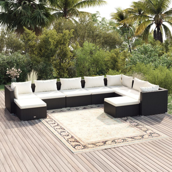 Set de muebles de jardín 9 pzas y cojines ratán sintético negro Set de muebles de jardín 9 pzas y cojines ratán sintético negro D