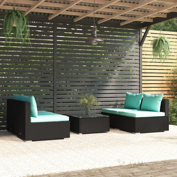 Conjunto de sofá de jardim de 5 peças e almofadas de vime sintético preto D