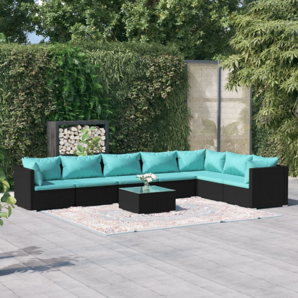 Set de muebles de jardín 8 pzas y cojines ratán sintético negro Set de muebles de jardín 8 pzas y cojines ratán sintético negro D