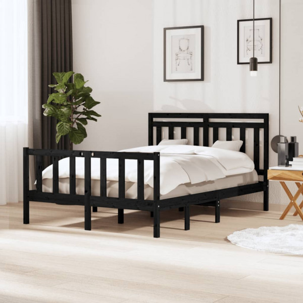 Estructura de cama doble de madera maciza negro 4FT6 135x190 cm D