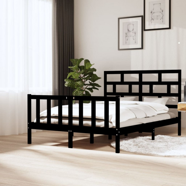 Estrutura de cama madeira maciça de pinho preto 150x200 cm D