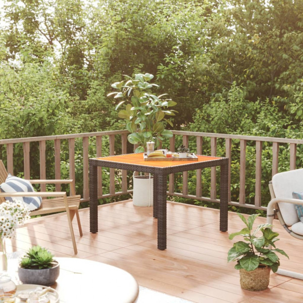 Mesa de jardín ratán PE madera acacia maciza negra 90x90x75 cm D