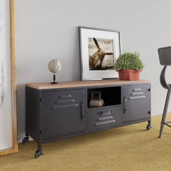 Mueble TV hierro y madera maciza de abeto negro 110x30x43 cm D