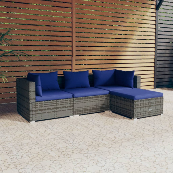 Conjunto de sofá de jardim de 4 peças e almofadas de vime sintético cinza D