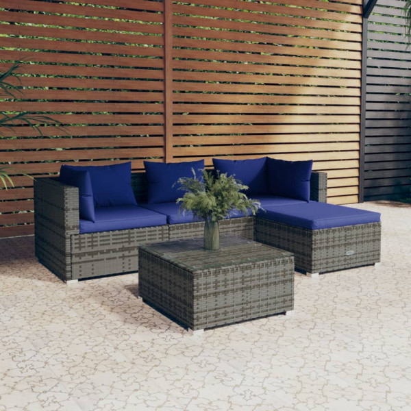 Set de muebles de jardín 5 pzas y cojines ratán sintético gris Set de muebles de jardín 5 pzas y cojines ratán sintético gris D