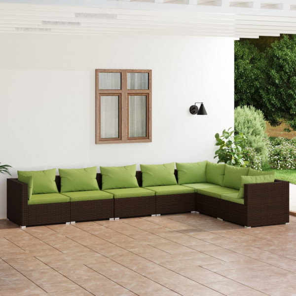 Conjunto de móveis de jardim de 7 peças e almofadas de vime sintético marrom D