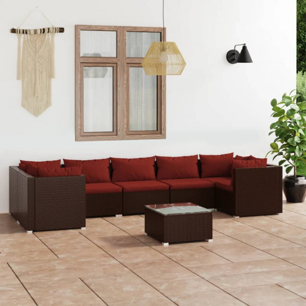 Conjunto de sofá de jardim de 8 peças e almofadas de vime sintético marrom D