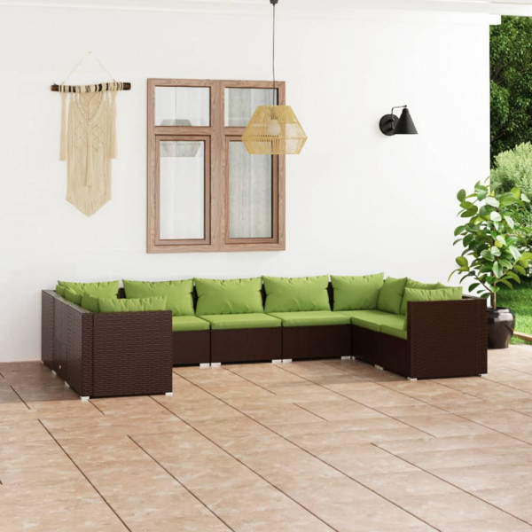 Set mobiliário de jardim 9 peças e almofadas ratão sintético marrom D