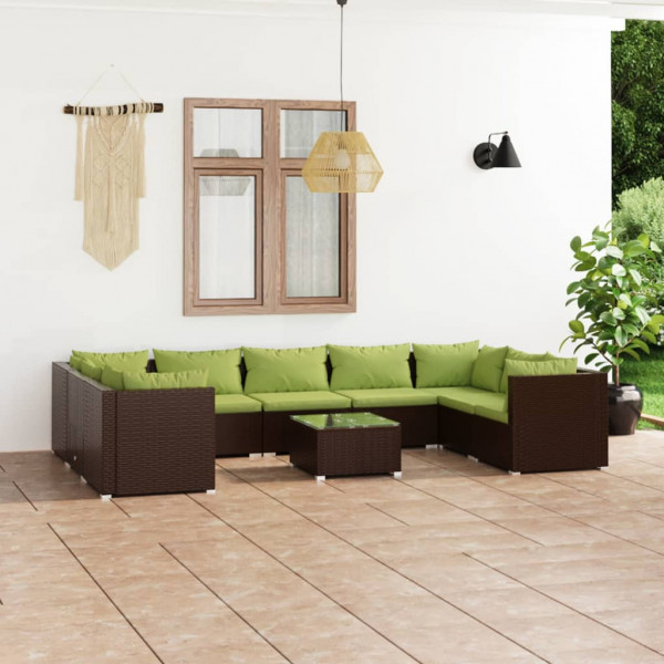 Conjunto de móveis de jardim com 10 peças e almofadas de vime sintético marrom D