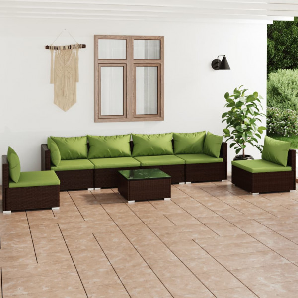 Conjunto de móveis de jardim de 7 peças e almofadas de vime sintético marrom D
