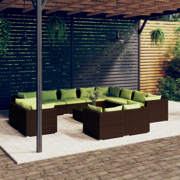 Conjunto de móveis de jardim com 13 peças e almofadas de vime sintético marrom D