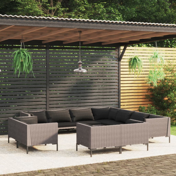 Set muebles jardín 11 pzas cojines ratán sintético gris oscuro Set muebles jardín 11 pzas cojines ratán sintético gris oscuro D