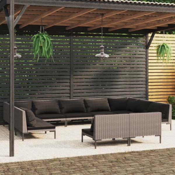 Set muebles jardín 11 pzas cojines ratán sintético gris oscuro Set muebles jardín 11 pzas cojines ratán sintético gris oscuro D