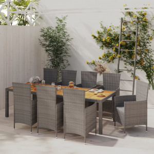 Set de comedor de jardín 9 pzas y cojines ratán sintético gris D