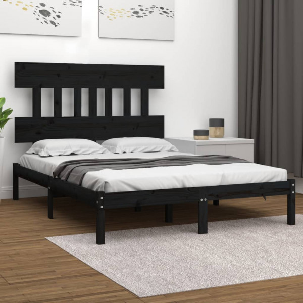 Estrutura de cama dupla pequena madeira maciça preta 120x190 cm D