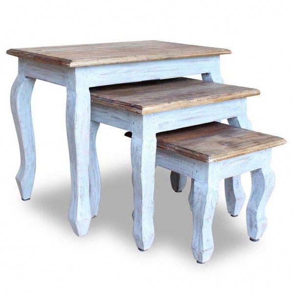 Conjunto de 3 mesas empilháveis de madeira maciça reciclada D