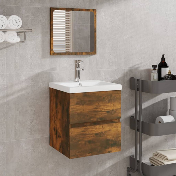 Armario de baño con espejo madera contrachapada roble ahumado D