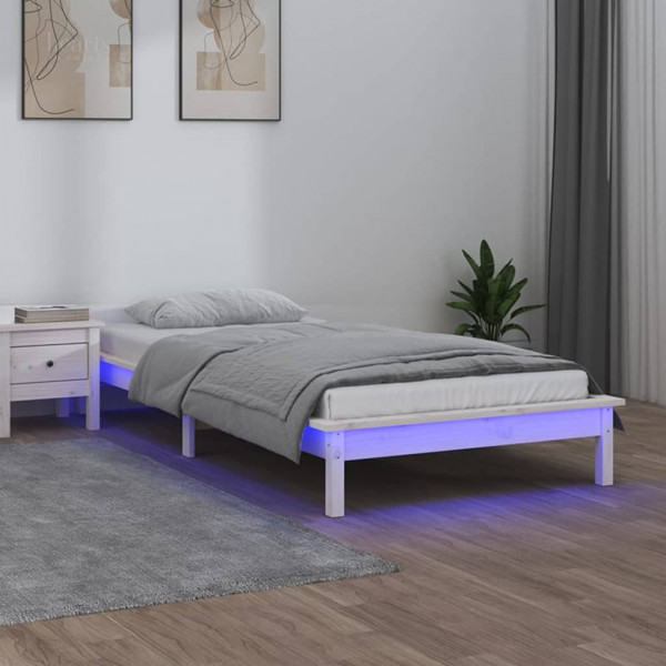 Estrutura de cama com LED madeira maciça branca 100x200 cm D