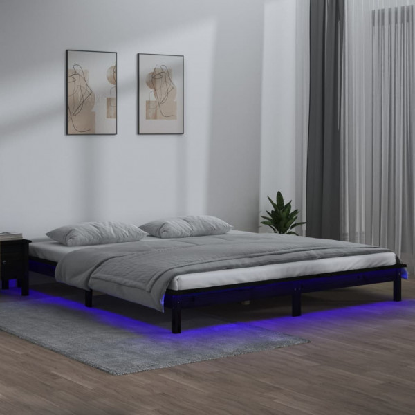 Estrutura de cama com LED madeira maciça preta 160x200 cm D
