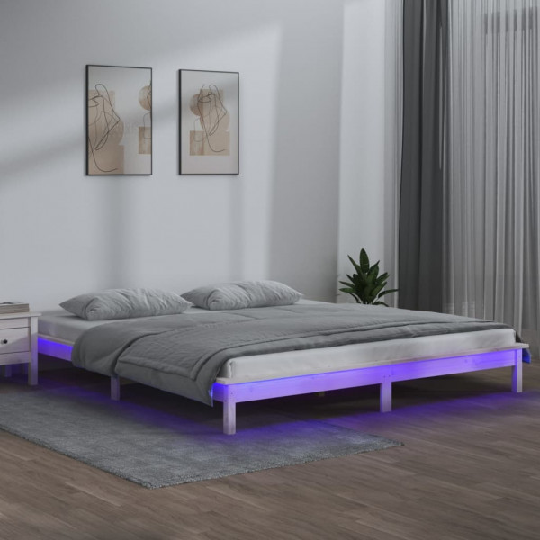 Estrutura de cama com LED madeira maciça branca 140x190 cm D