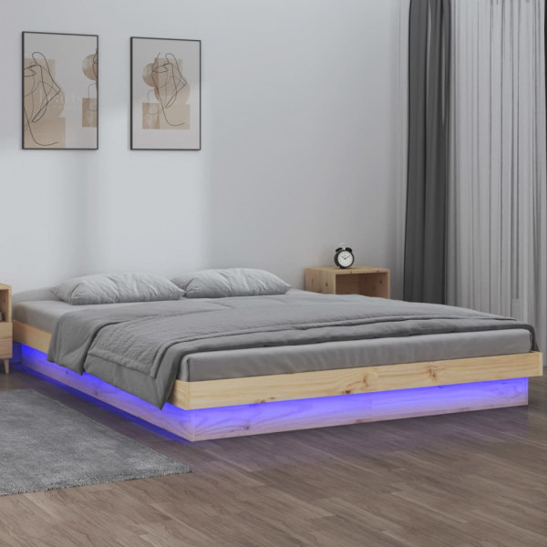 Estrutura de cama com LED madeira maciça cinza 135x190 cm D